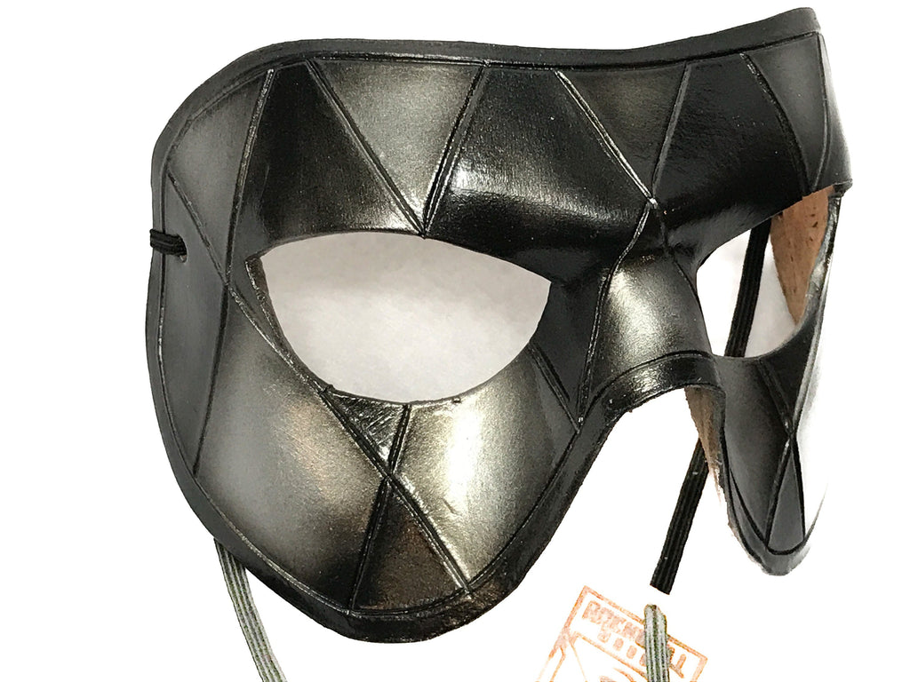Silver Harlequin Handmade Genuine Leather Mask in Black and Silver by Rockwell Masks