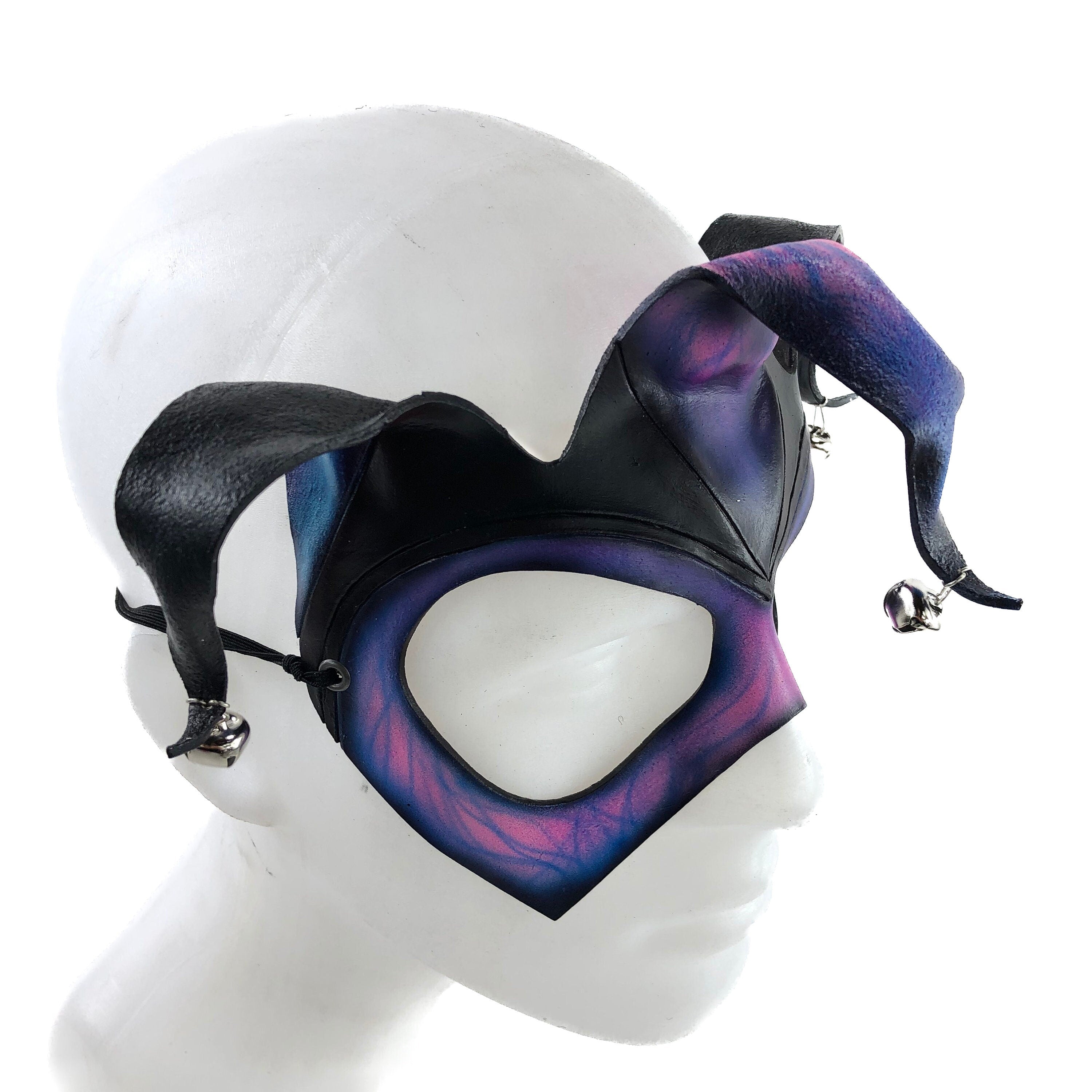 Handmade Genuine Leather Jester Mask in Blue and Pink by Rockwell Masks