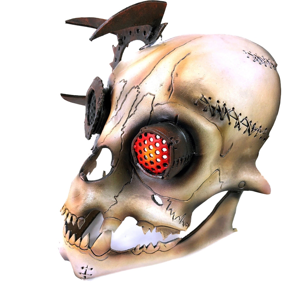 Handcrafted Genuine Leather Dimensional Cat Skull Robot Mask by Rockwell Masks