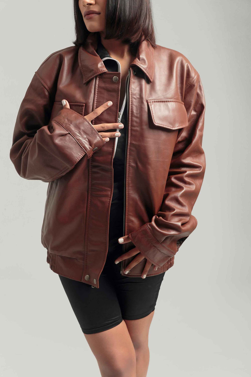 Oversized Brown Bomber Jacket - Retro Leather Bomber Jacket Handcrafted by Ox and Bulls - Big Tim's Magic Emporium