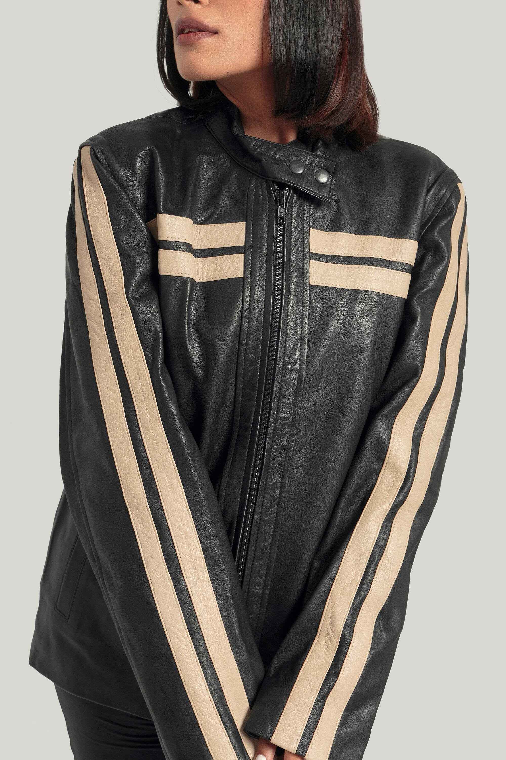 Oversized Black Bomber Jacket with White Stripes - Retro Leather Jacket Handcrafted by Ox and Bulls - Big Tim's Magic Emporium