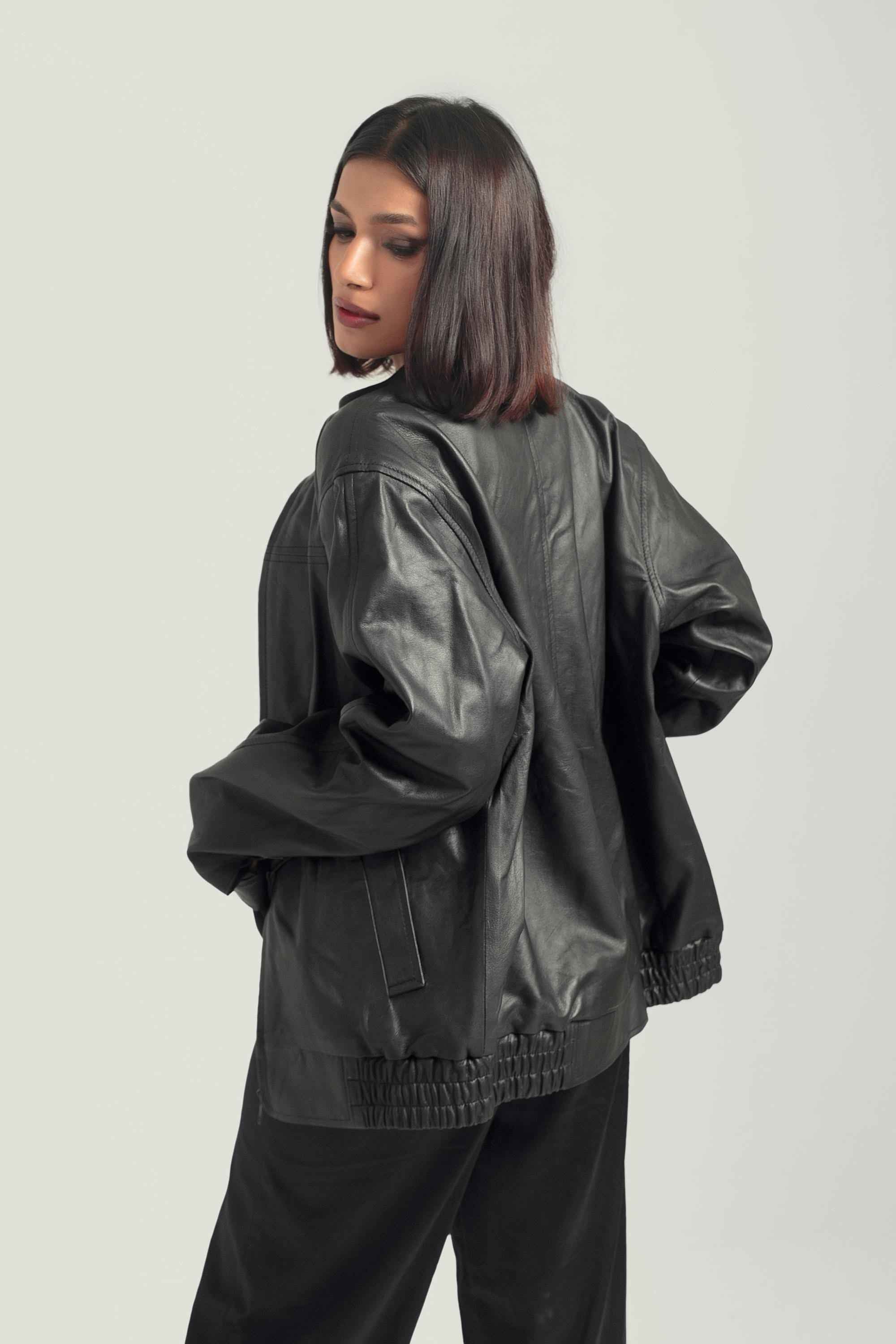 Oversized Women's Black Leather Biker Jacket - Classic Retro Bomber Design by Ox and Bulls - Big Tim's Magic Emporium