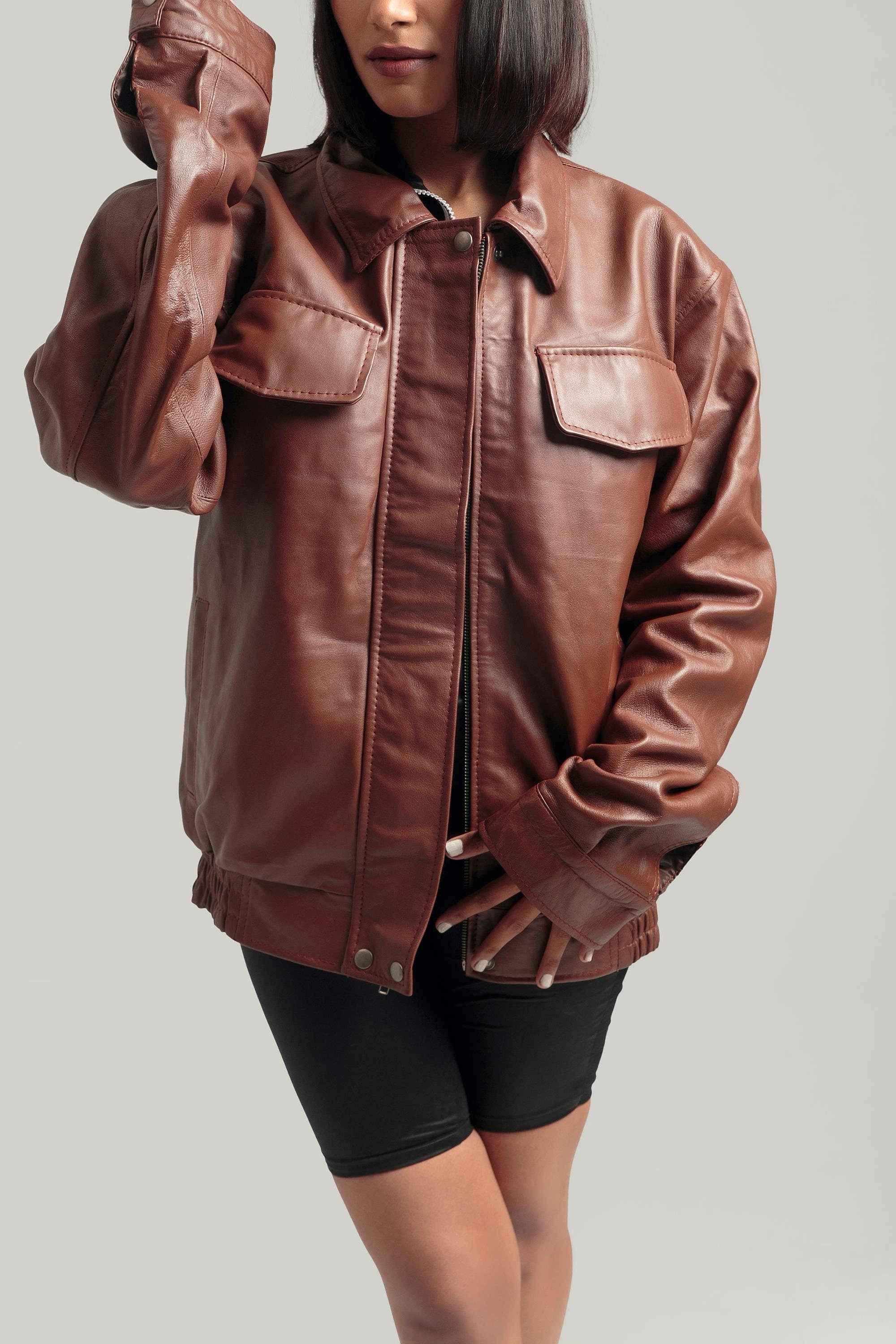 Oversized Brown Bomber Jacket - Retro Leather Bomber Jacket Handcrafted by Ox and Bulls - Big Tim's Magic Emporium