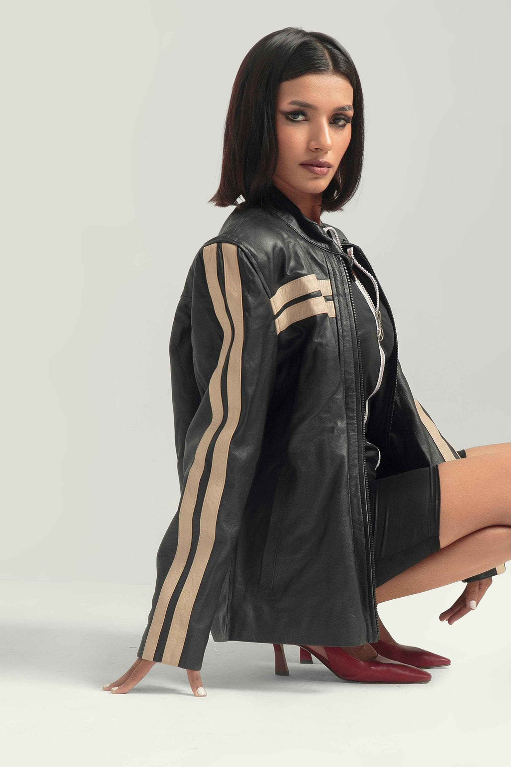 Oversized Black Bomber Jacket with White Stripes - Retro Leather Jacket Handcrafted by Ox and Bulls - Big Tim's Magic Emporium