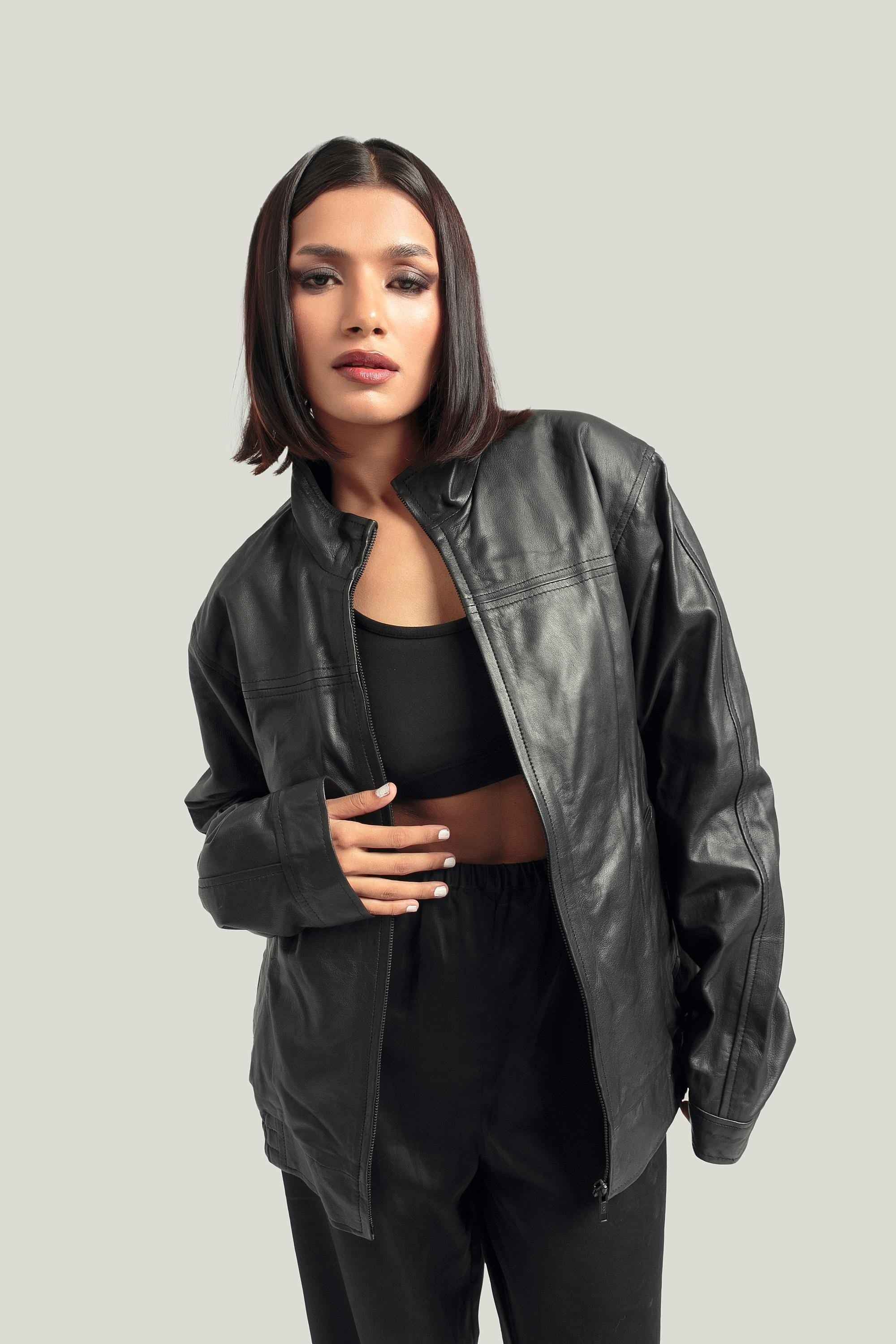 Oversized Women's Black Leather Biker Jacket - Classic Retro Bomber Design by Ox and Bulls - Big Tim's Magic Emporium