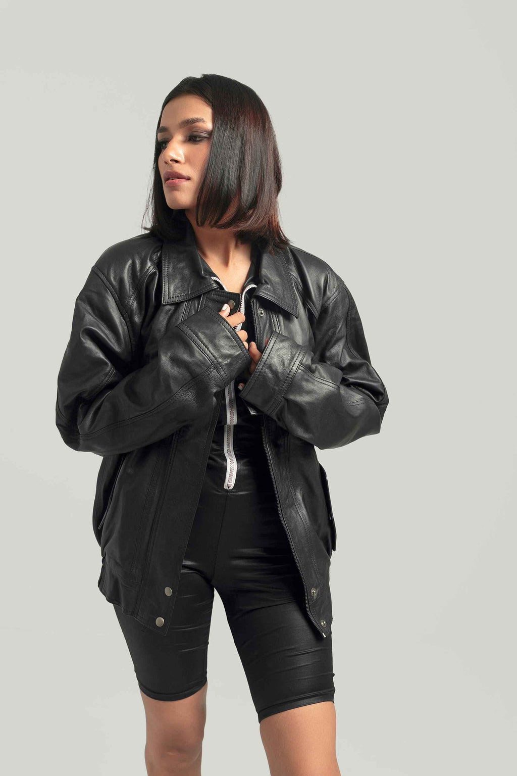 Oversized Baggy Black Bomber Jacket for Women - Classic 80's & 90's Retro Leather Bikers Jacket Handcrafted by Ox and Bulls - Big Tim's Magic Emporium