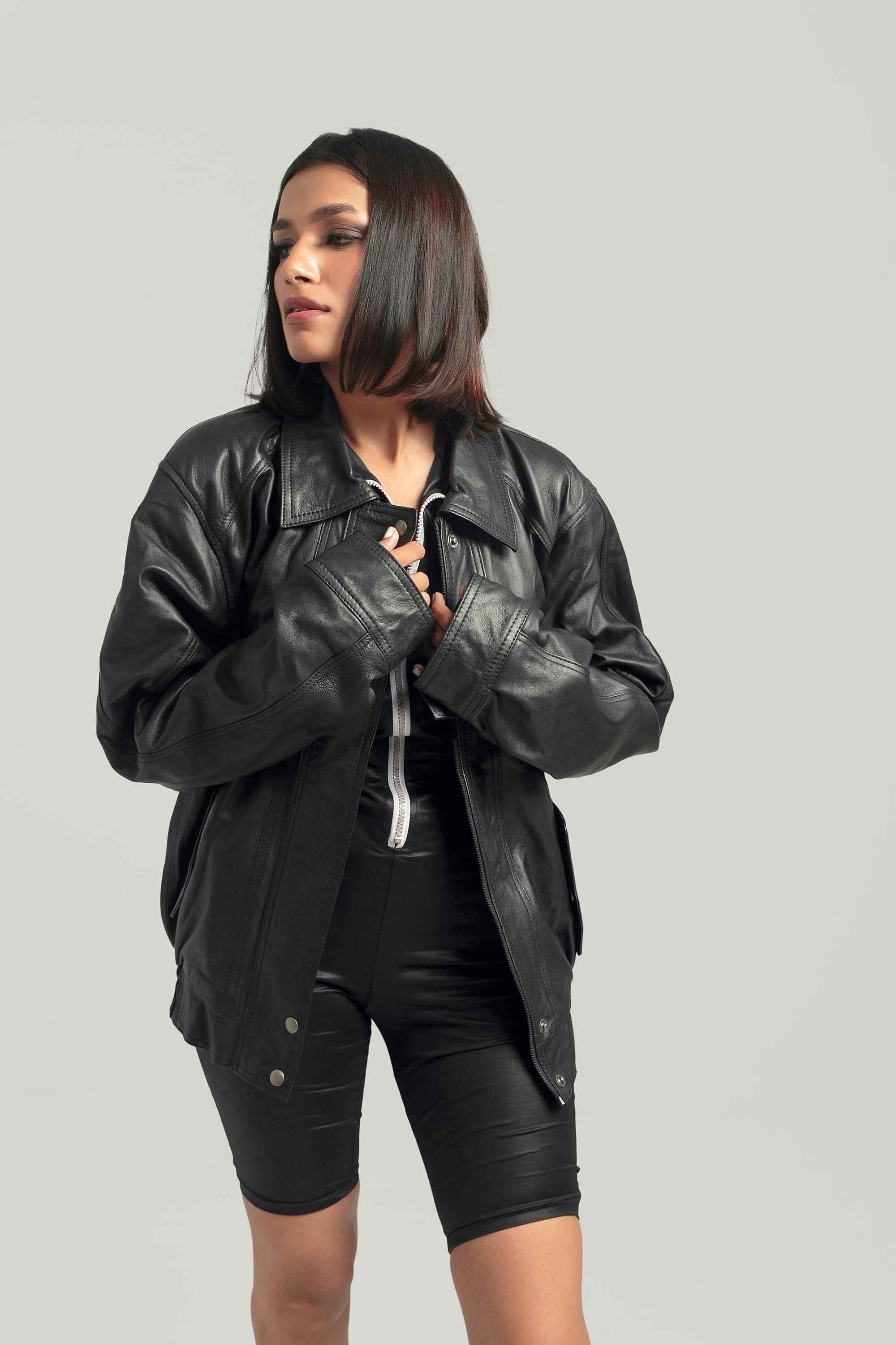 Oversized Baggy Black Bomber Jacket for Women - Classic 80's & 90's Retro Leather Bikers Jacket Handcrafted by Ox and Bulls - Big Tim's Magic Emporium