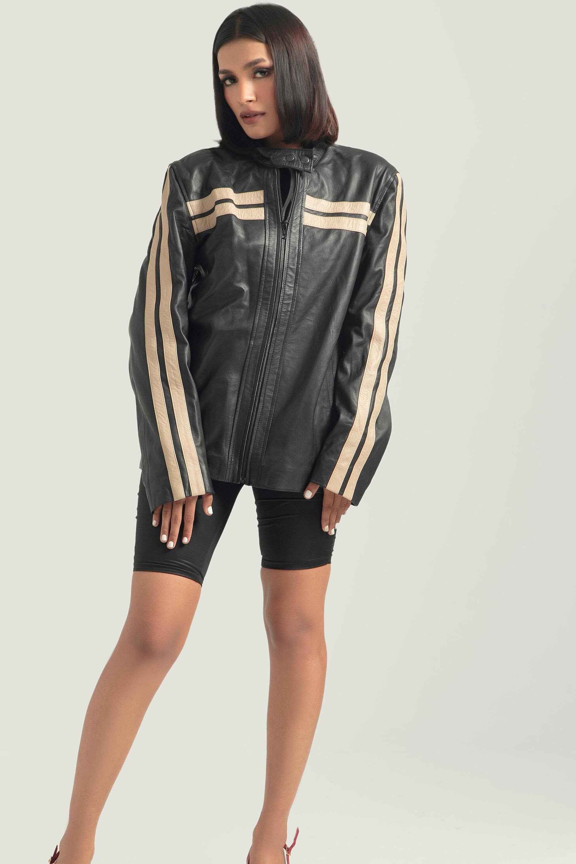 Oversized Black Bomber Jacket with White Stripes - Retro Leather Jacket Handcrafted by Ox and Bulls - Big Tim's Magic Emporium