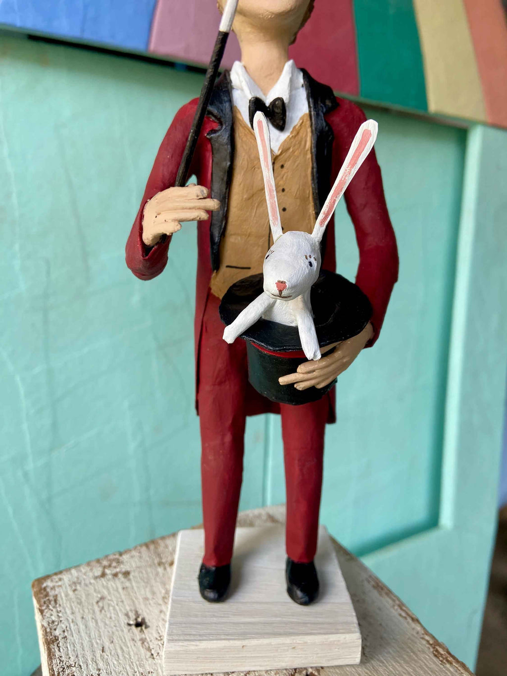 Magician with Rabbit – Paper Mache Circus Sculpture – Unique Handmade Piece