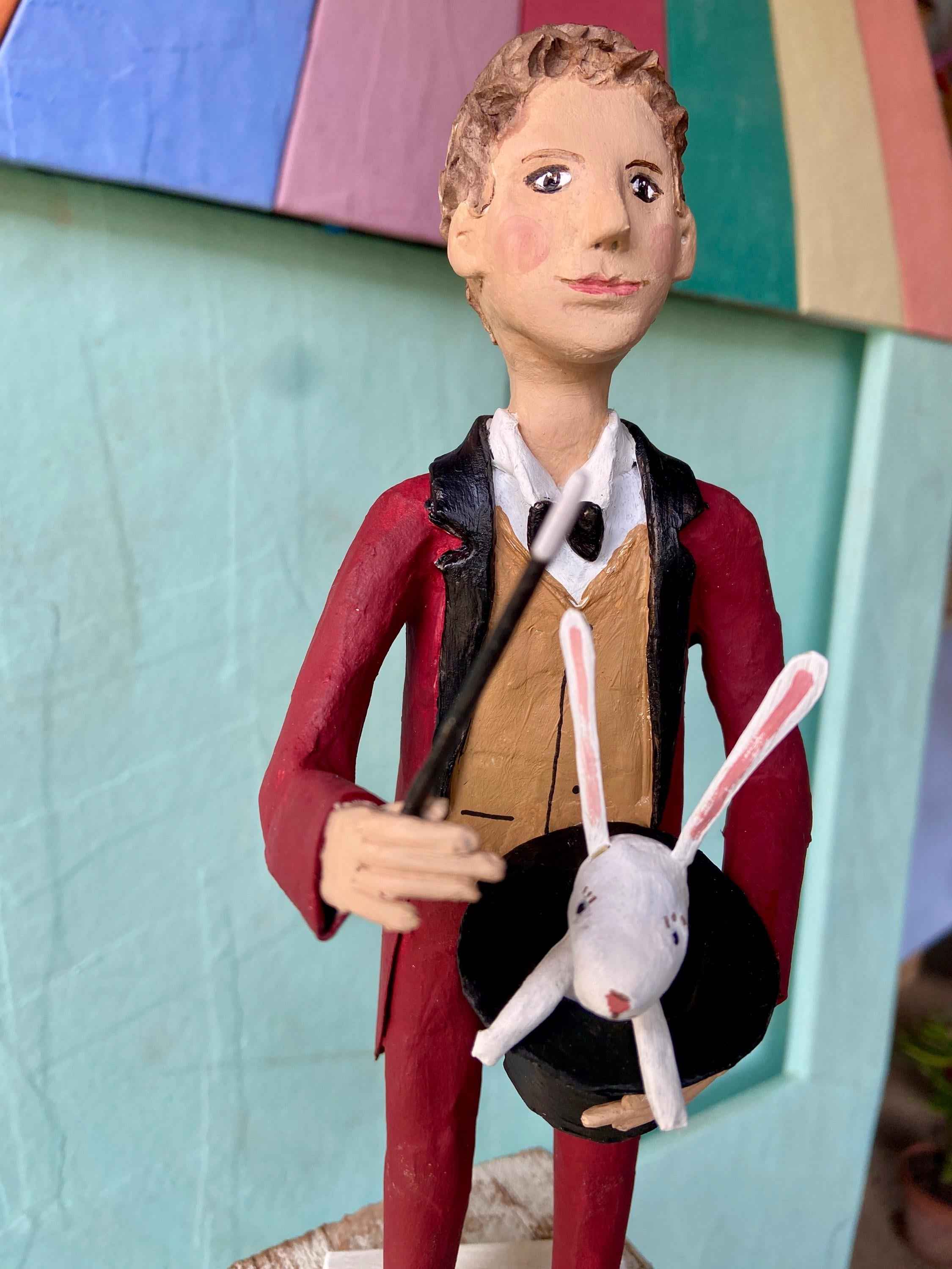 Magician with Rabbit – Paper Mache Circus Sculpture – Unique Handmade Piece