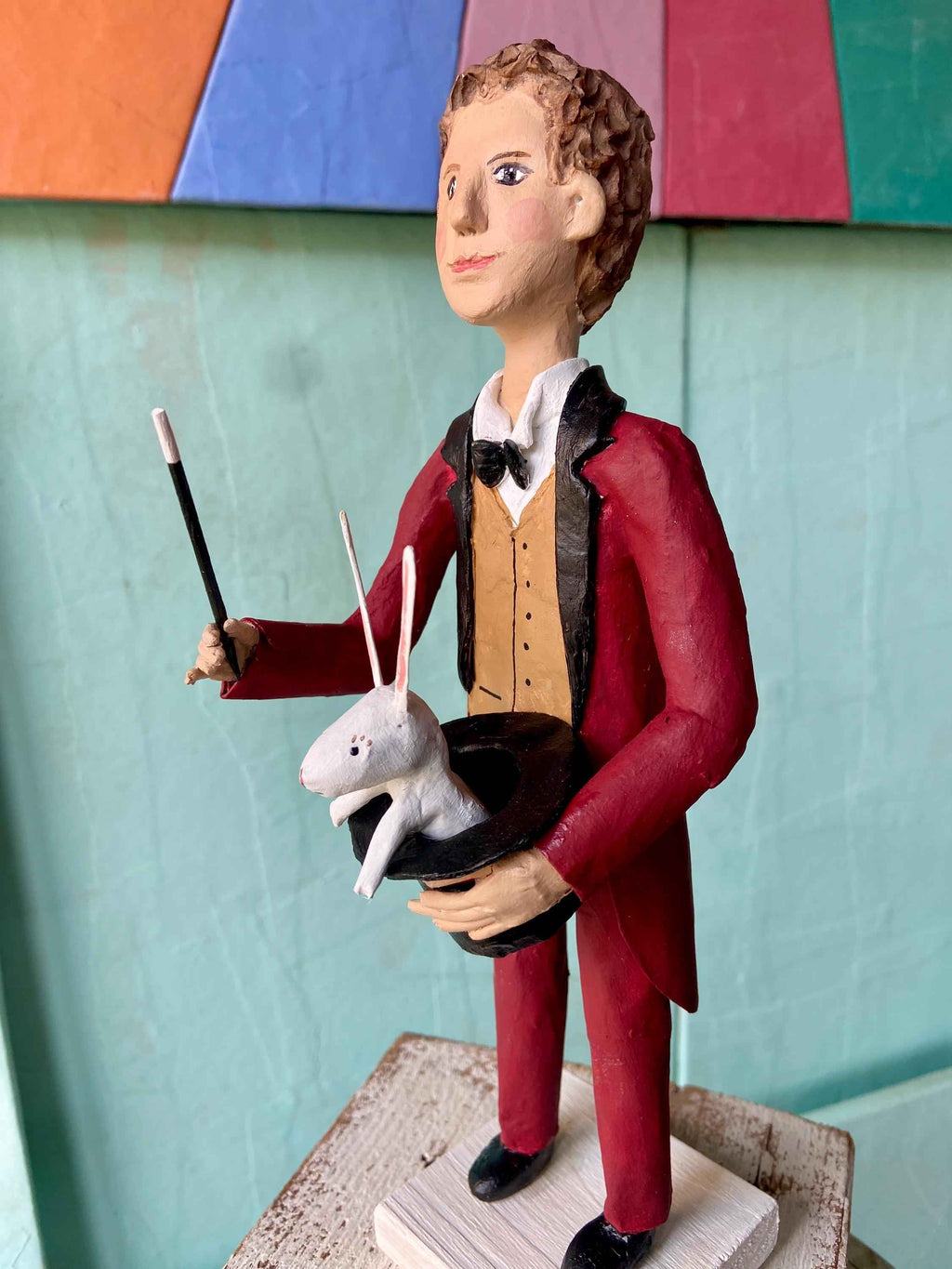 Magician with Rabbit – Paper Mache Circus Sculpture – Unique Handmade Piece