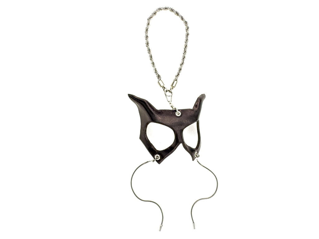 Curious Cat Leather Mini Mask – Handcrafted Charm for Rearview Mirrors, Handbags, Lanyards, Party Favors & More by Rockwell Masks