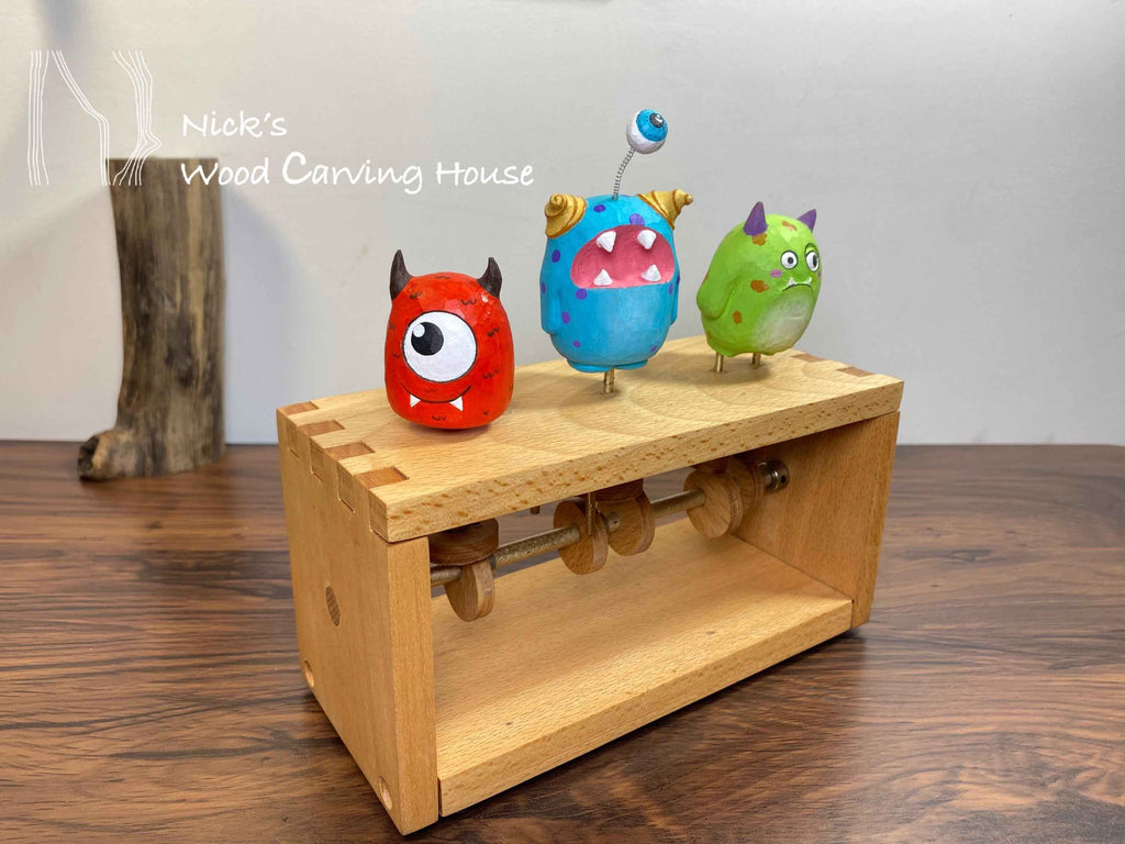 Three Whimsical Monster Automaton | Handcrafted Wood Carved Monster Automata | Kinetic Sculpture | Fun Gift