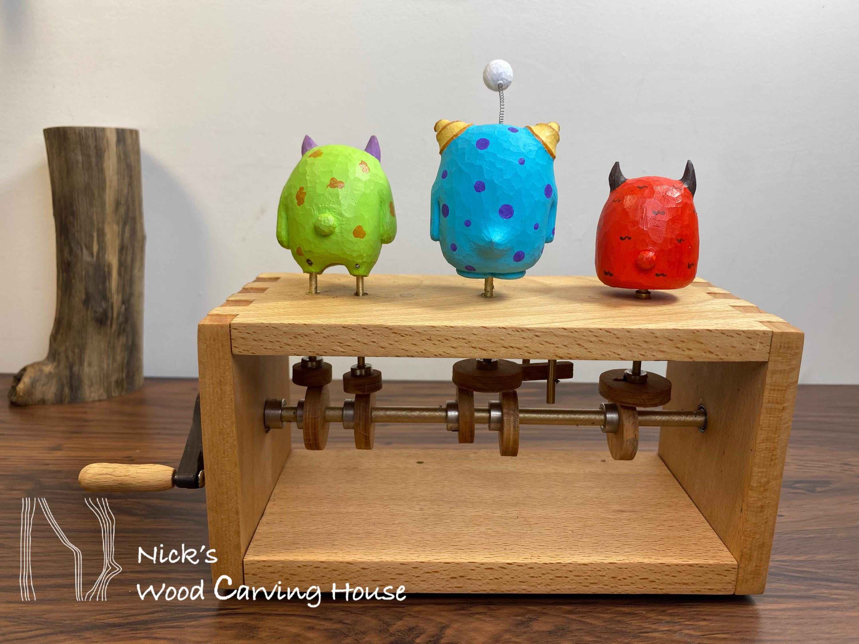 Three Whimsical Monster Automaton | Handcrafted Wood Carved Monster Automata | Kinetic Sculpture | Fun Gift