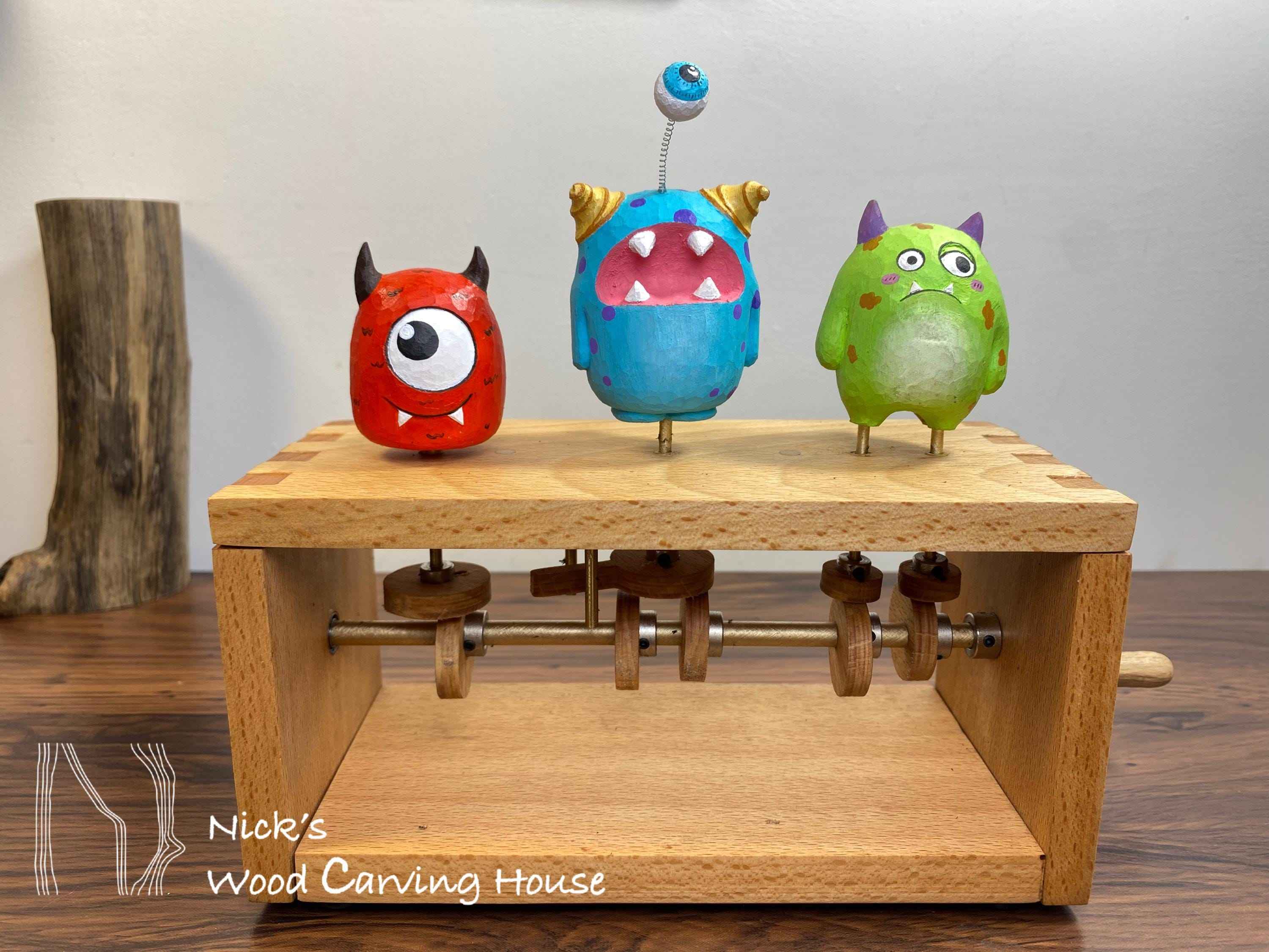 Three Whimsical Monster Automaton | Handcrafted Wood Carved Monster Automata | Kinetic Sculpture | Fun Gift