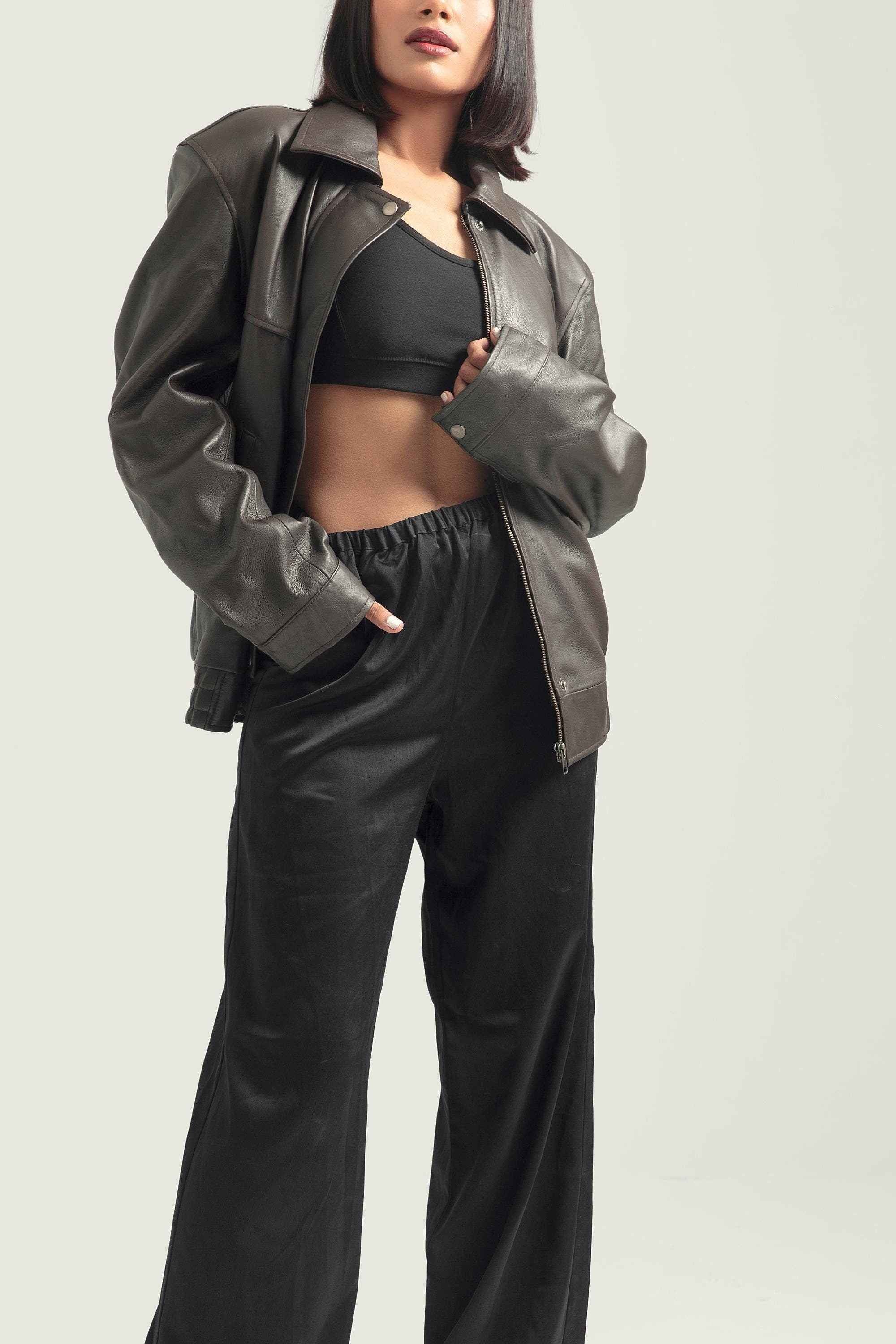 Oversized Women's Leather Bomber Jacket in Dark Brown - Retro Handcrafted Design by Ox and Bulls - Big Tim's Magic Emporium