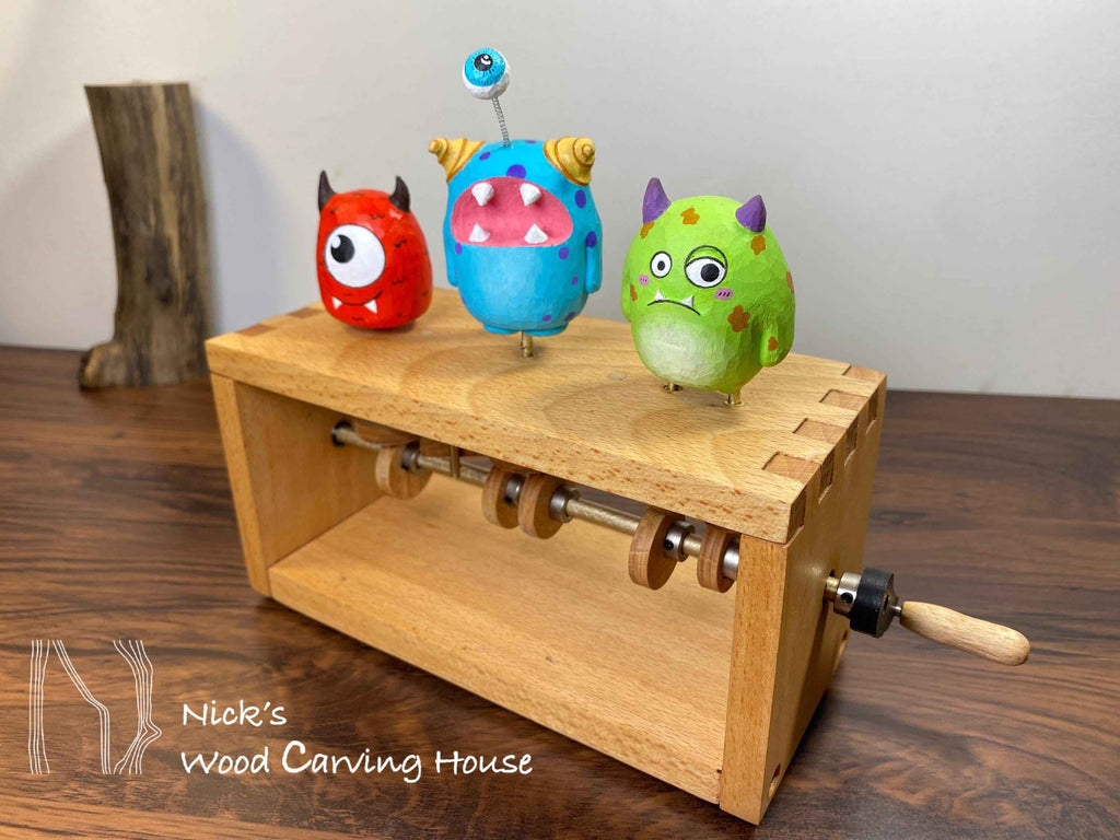 Three Whimsical Monster Automaton | Handcrafted Wood Carved Monster Automata | Kinetic Sculpture | Fun Gift