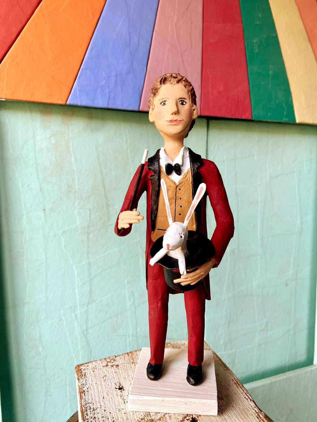 Magician with Rabbit – Paper Mache Circus Sculpture – Unique Handmade Piece