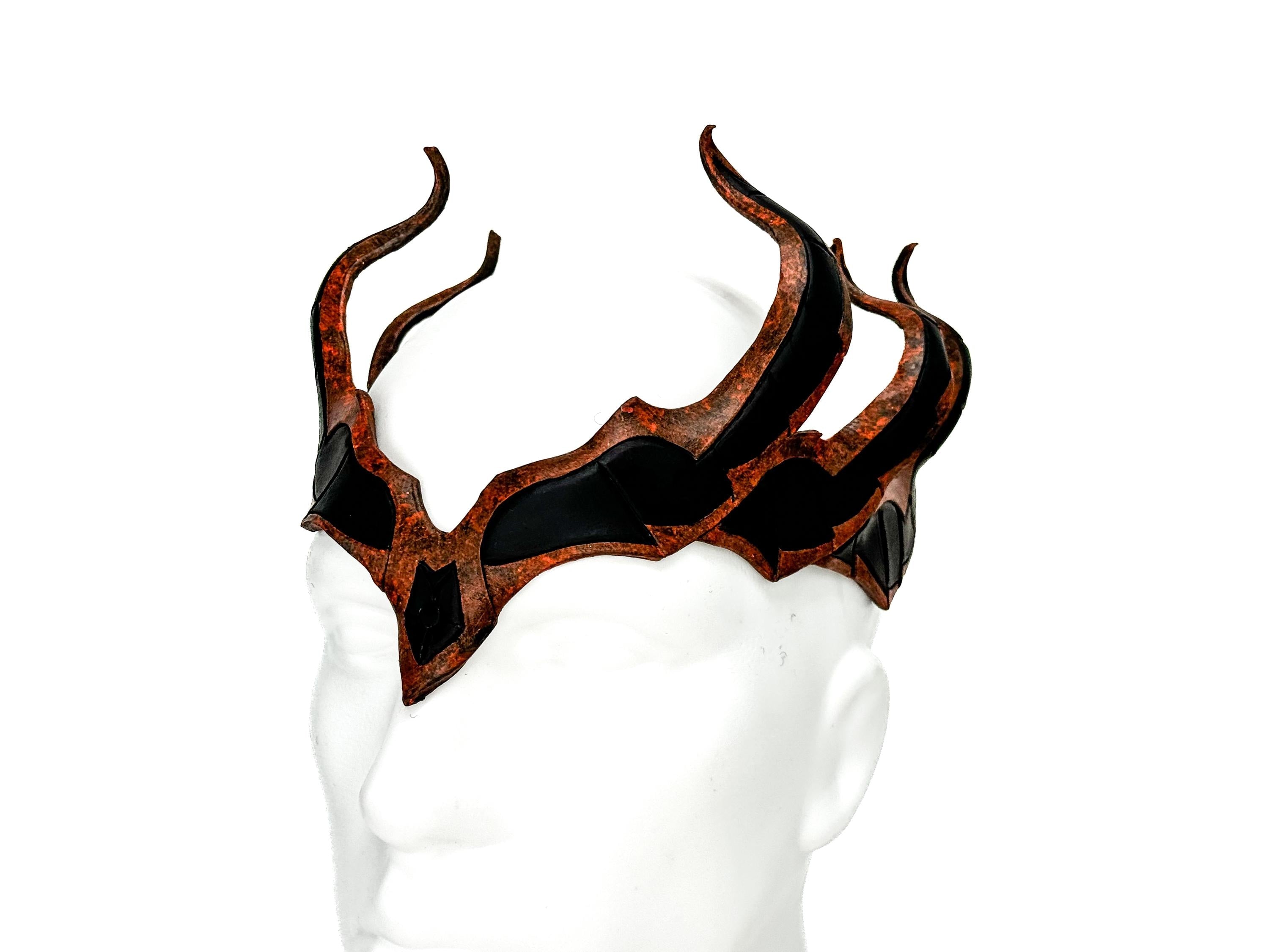 Rust Colored Masquerade Crown of Handmade Genuine Leather in Green and Black by Rockwell Masks