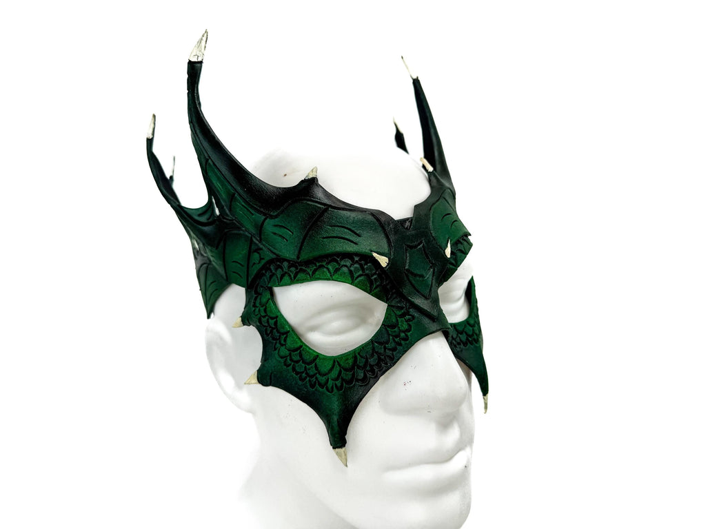 Green Dragon Crown Eye Mask - Handmade Genuine Leather - Masquerade, Halloween or Cosplay Costume by Rockwell Masks