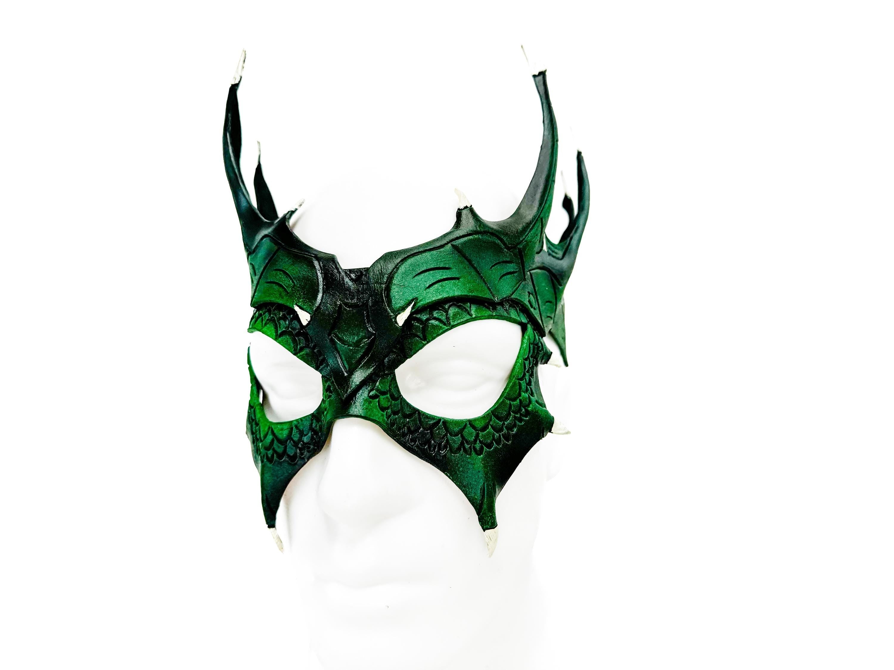 Green Dragon Crown Eye Mask - Handmade Genuine Leather - Masquerade, Halloween or Cosplay Costume by Rockwell Masks