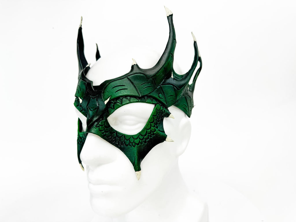 Green Dragon Crown Eye Mask - Handmade Genuine Leather - Masquerade, Halloween or Cosplay Costume by Rockwell Masks