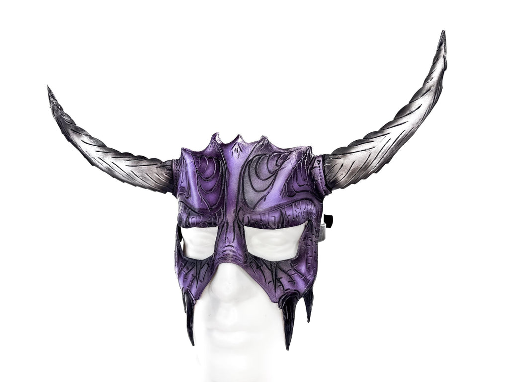 Handmade Genuine Leather Mask with Horns in Purple and White The Horned Beast by Rockwell Masks