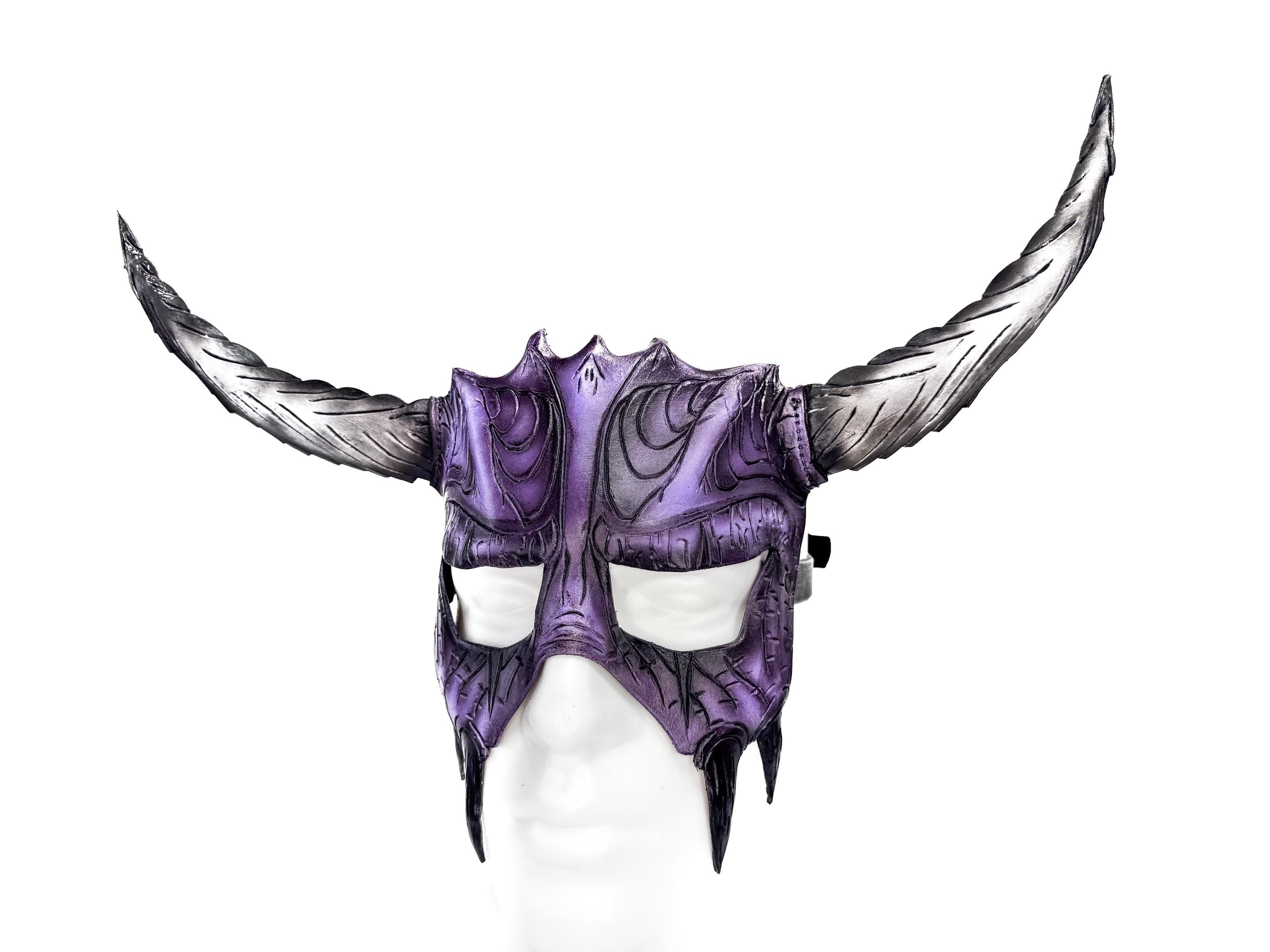Handmade Genuine Leather Mask with Horns in Purple and White The Horned Beast by Rockwell Masks