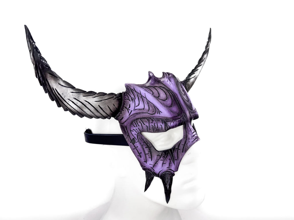 Handmade Genuine Leather Mask with Horns in Purple and White The Horned Beast by Rockwell Masks