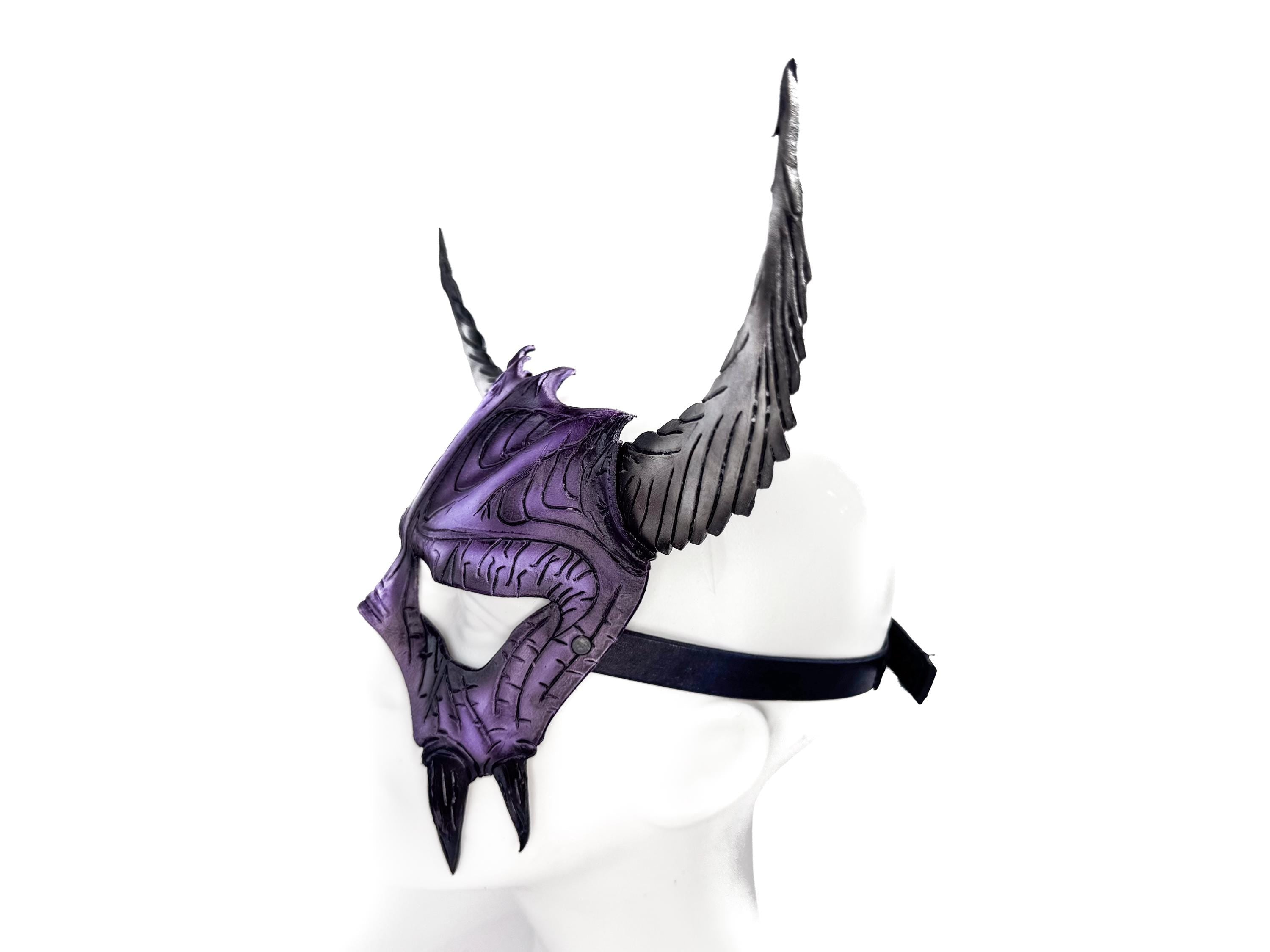 Handmade Genuine Leather Mask with Horns in Purple and White The Horned Beast by Rockwell Masks