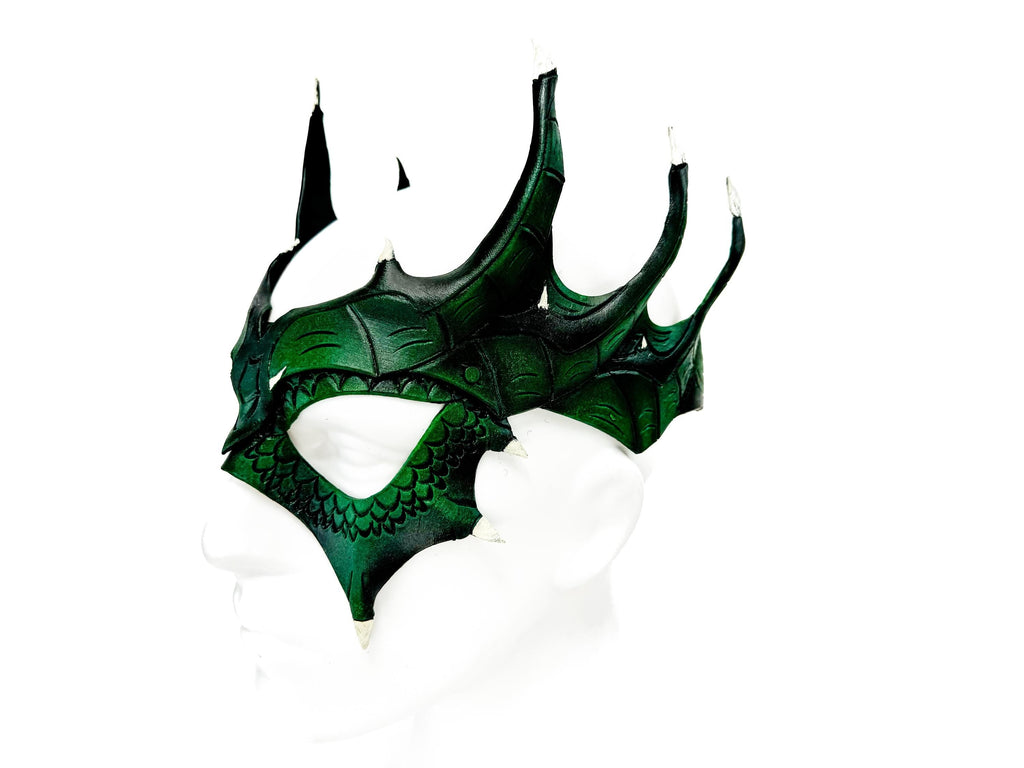 Green Dragon Crown Eye Mask - Handmade Genuine Leather - Masquerade, Halloween or Cosplay Costume by Rockwell Masks