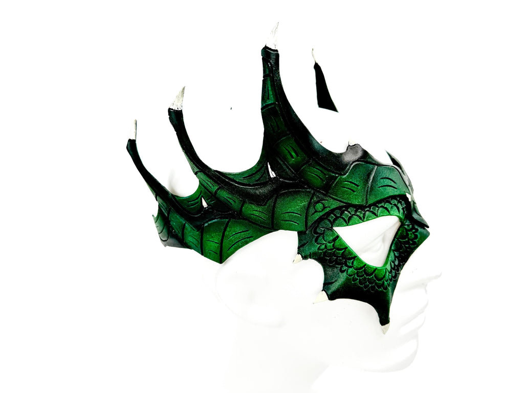 Green Dragon Crown Eye Mask - Handmade Genuine Leather - Masquerade, Halloween or Cosplay Costume by Rockwell Masks