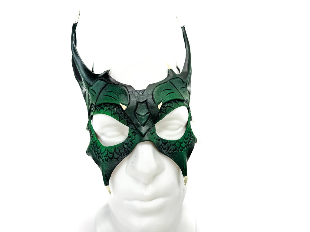 Green Dragon Crown Eye Mask - Handmade Genuine Leather - Masquerade, Halloween or Cosplay Costume by Rockwell Masks