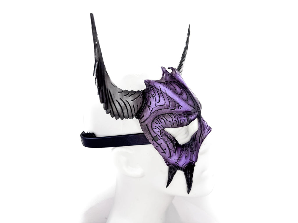 Handmade Genuine Leather Mask with Horns in Purple and White The Horned Beast by Rockwell Masks