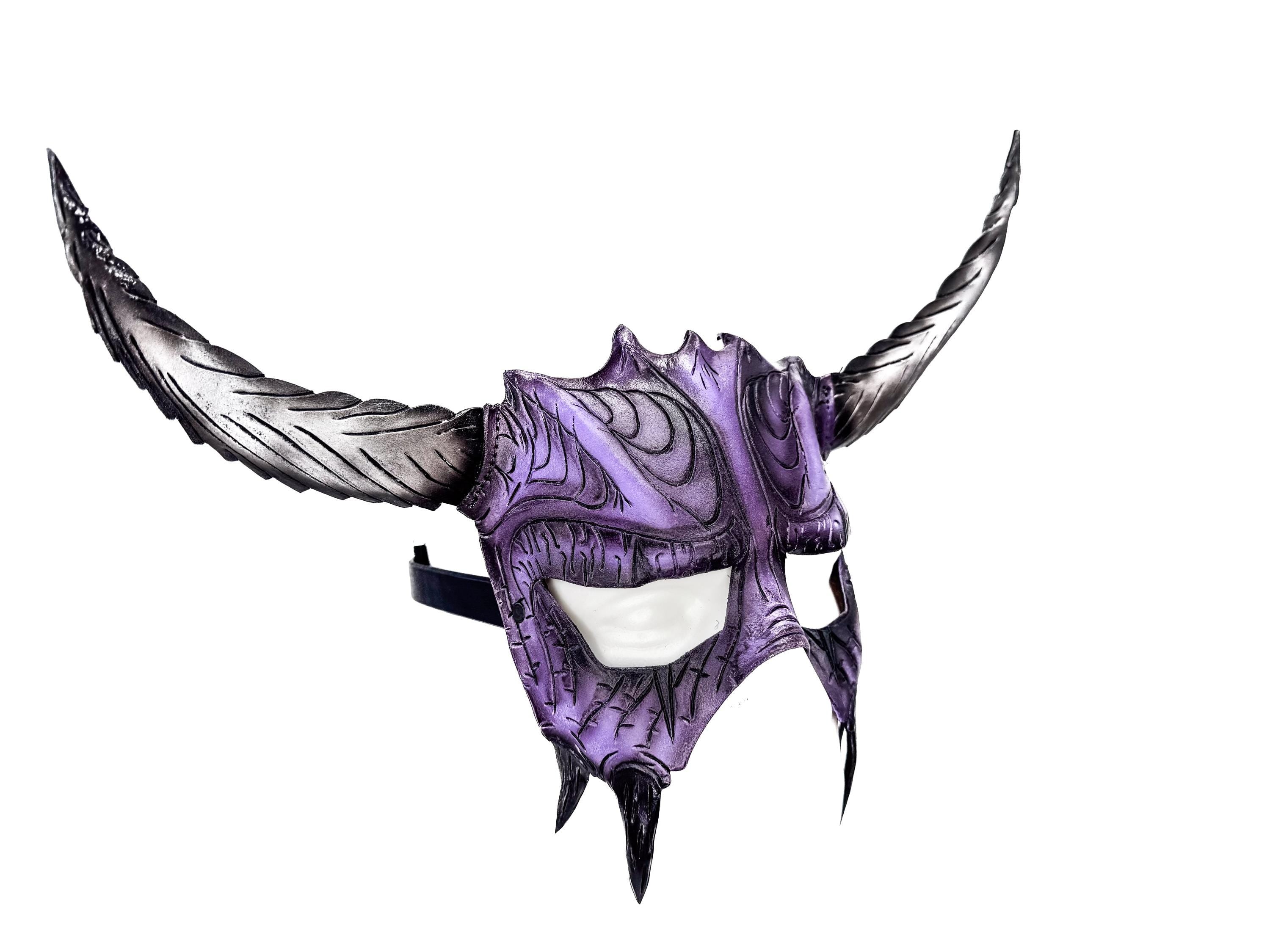 Handmade Genuine Leather Mask with Horns in Purple and White The Horned Beast by Rockwell Masks