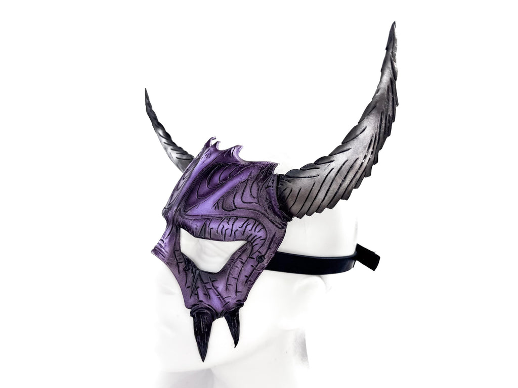 Handmade Genuine Leather Mask with Horns in Purple and White The Horned Beast by Rockwell Masks