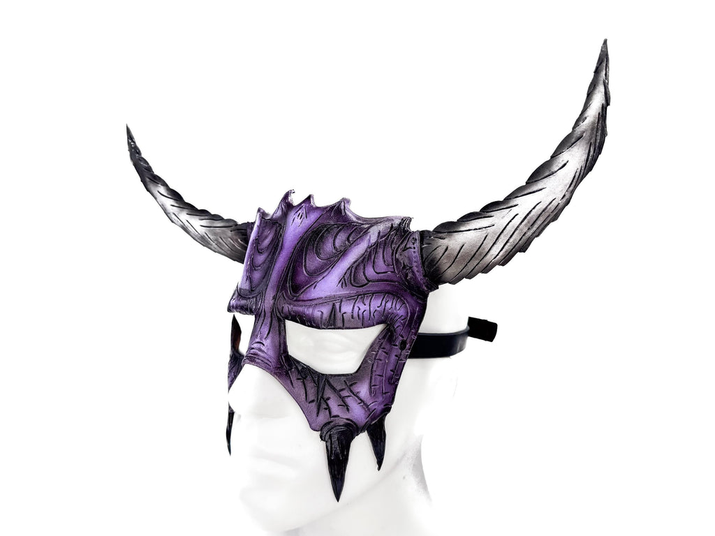 Handmade Genuine Leather Mask with Horns in Purple and White The Horned Beast by Rockwell Masks
