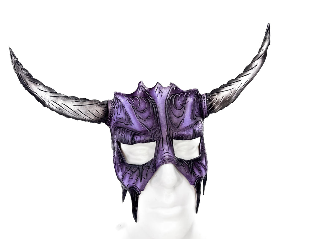 Handmade Genuine Leather Mask with Horns in Purple and White The Horned Beast by Rockwell Masks