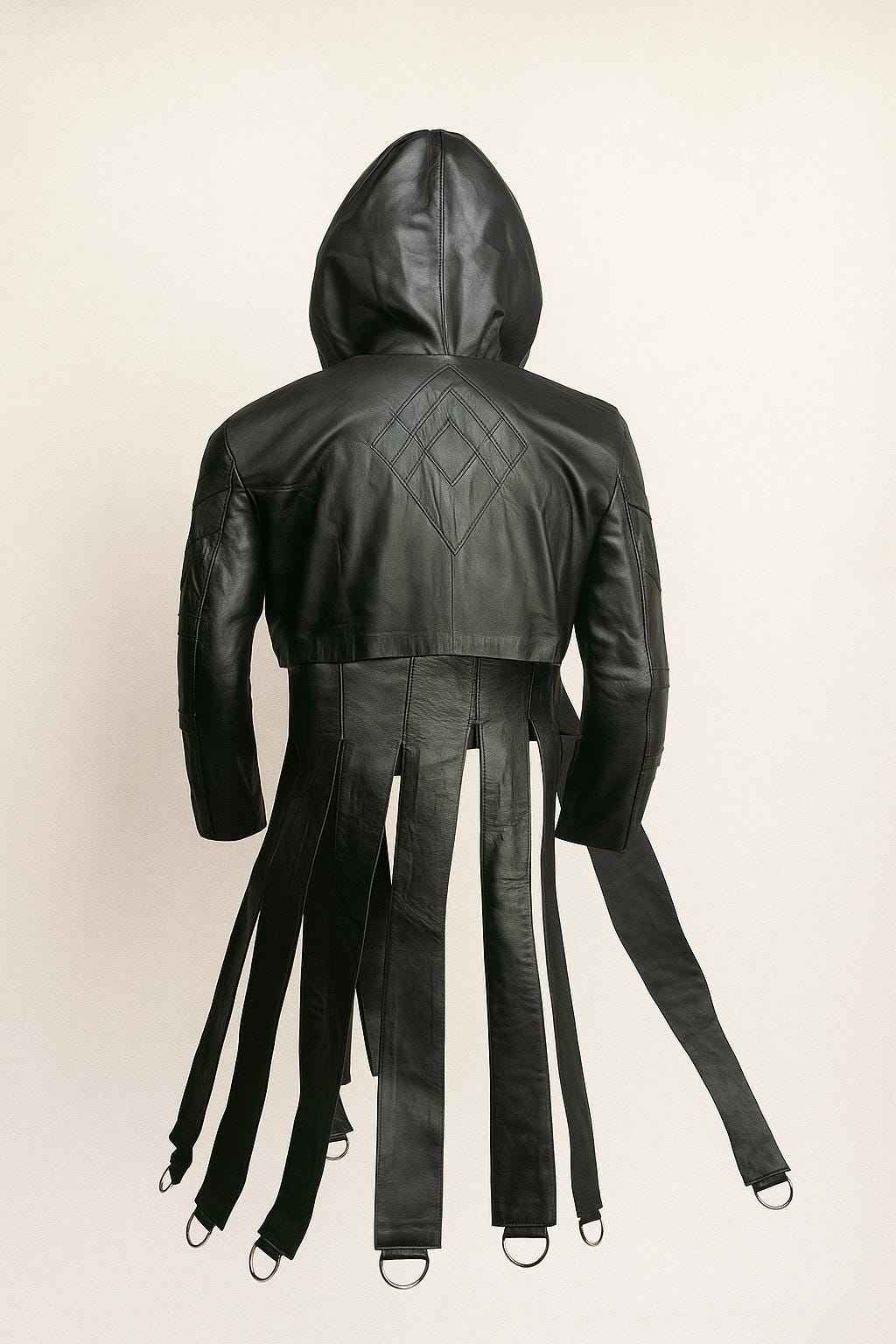 Gothic Black Leather Hooded Jacket with Buckle Straps & D-Rings for Cyberpunk Streetwear by Ox and Bulls - Big Tim's Magic Emporium
