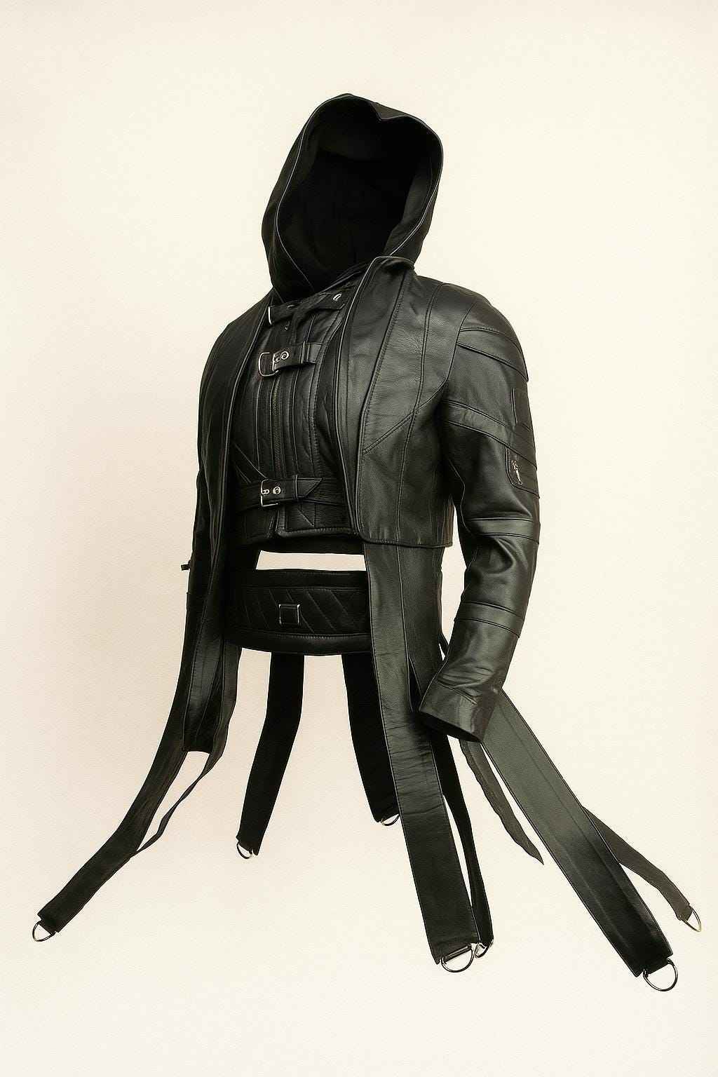 Gothic Black Leather Hooded Jacket with Buckle Straps & D-Rings for Cyberpunk Streetwear by Ox and Bulls - Big Tim's Magic Emporium