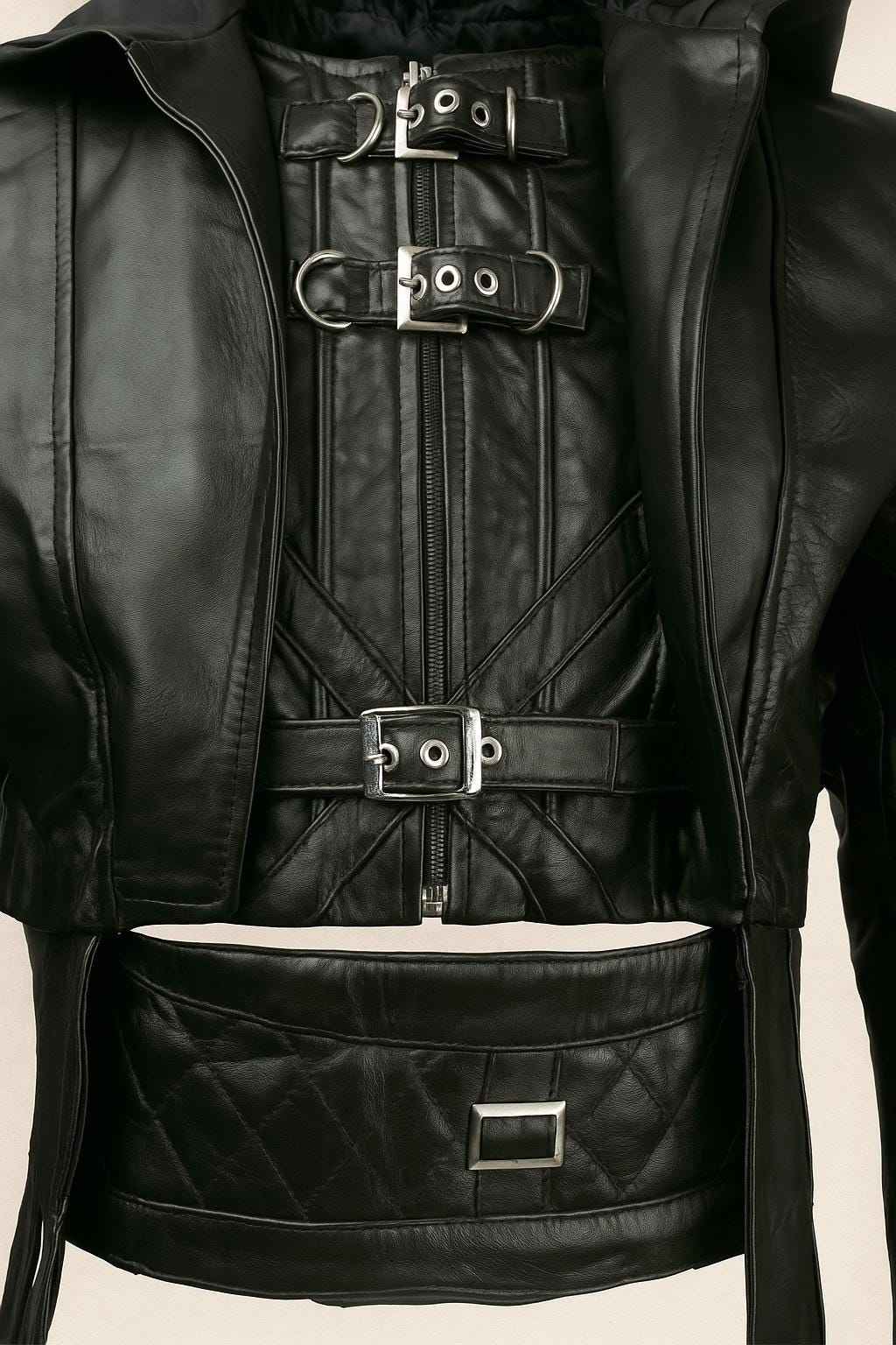 Gothic Black Leather Hooded Jacket with Buckle Straps & D-Rings for Cyberpunk Streetwear by Ox and Bulls - Big Tim's Magic Emporium