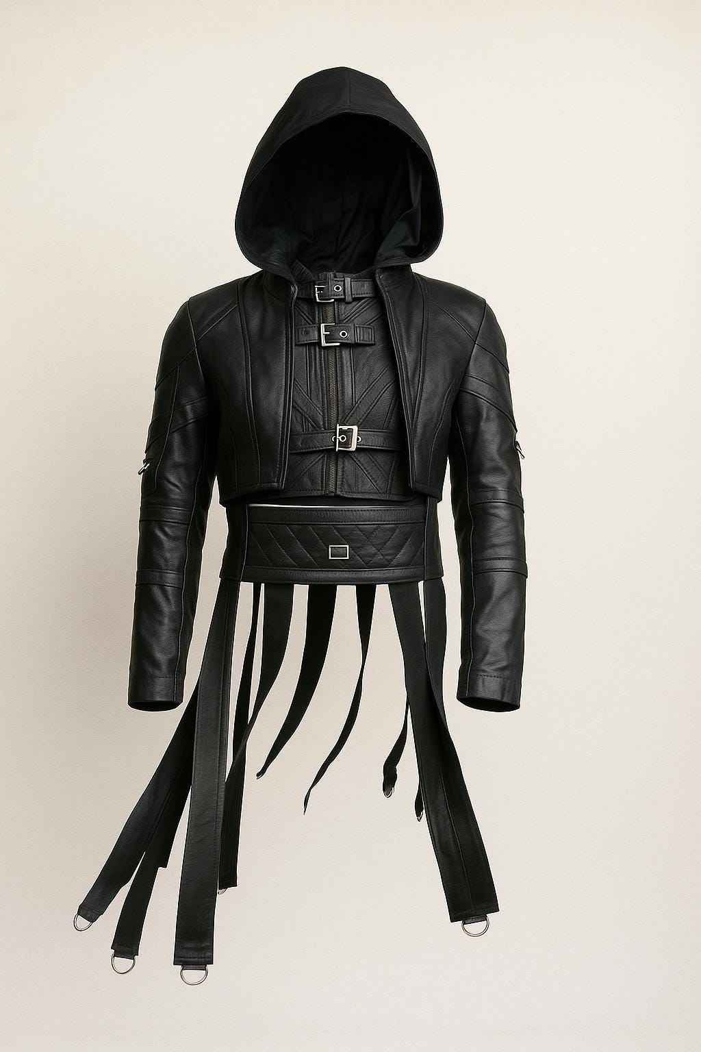 Gothic Black Leather Hooded Jacket with Buckle Straps & D-Rings for Cyberpunk Streetwear by Ox and Bulls - Big Tim's Magic Emporium