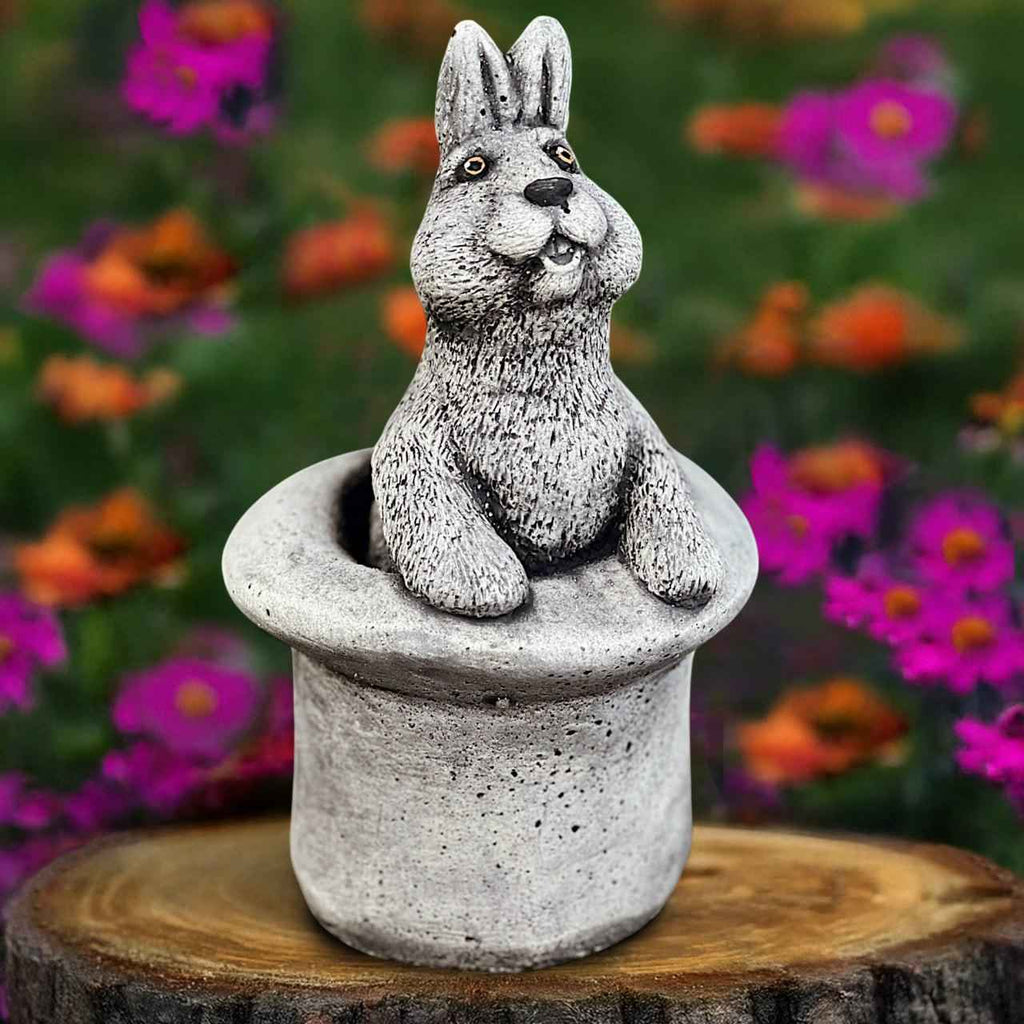 Bunny in magician hat statue Stone rabbit decor Cement bunny magic sculpture Concrete rabbit ornament Animal figurine Gift for dreamers art