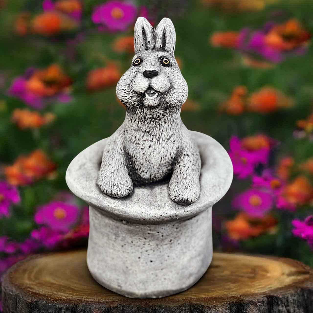 Bunny in magician hat statue Stone rabbit decor Cement bunny magic sculpture Concrete rabbit ornament Animal figurine Gift for dreamers art