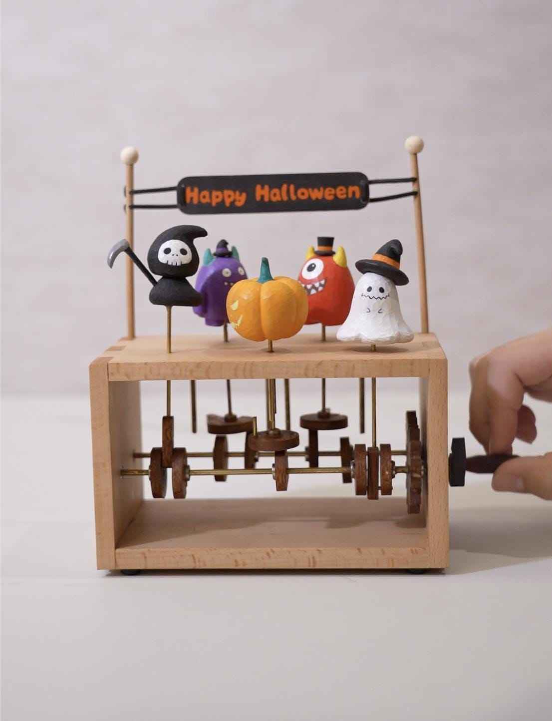 Handmade Halloween Wooden Automaton | Dancing Pumpkin Ghost Monster Grim Reaper | Spooky Kinetic Art