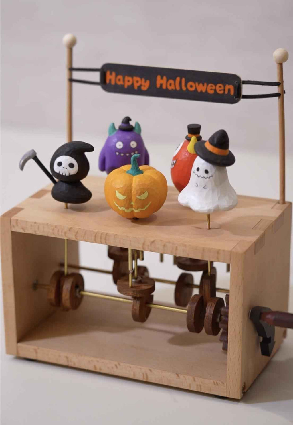 Handmade Halloween Wooden Automaton | Dancing Pumpkin Ghost Monster Grim Reaper | Spooky Kinetic Art