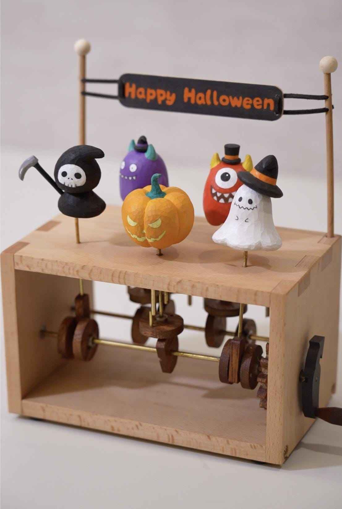 Handmade Halloween Wooden Automaton | Dancing Pumpkin Ghost Monster Grim Reaper | Spooky Kinetic Art