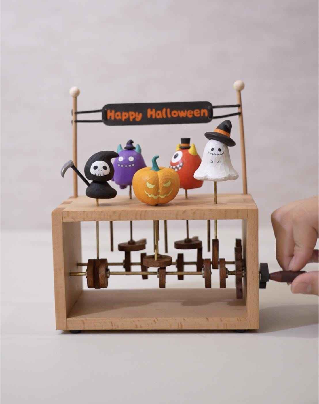 Handmade Halloween Wooden Automaton | Dancing Pumpkin Ghost Monster Grim Reaper | Spooky Kinetic Art