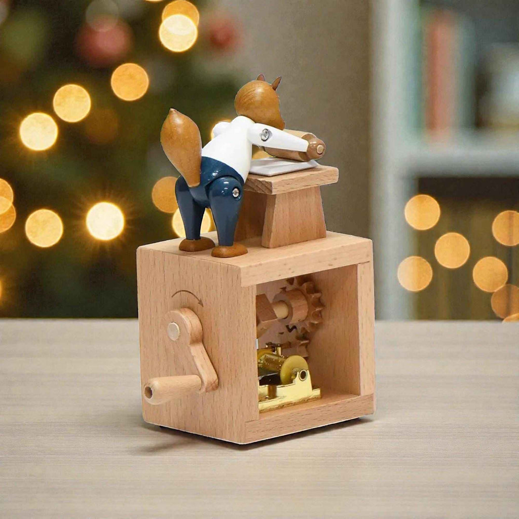 Hand Crank Fox Music Box, Beech Wood Automata, Kinetic Sculpture, Mechanical Desk Decor