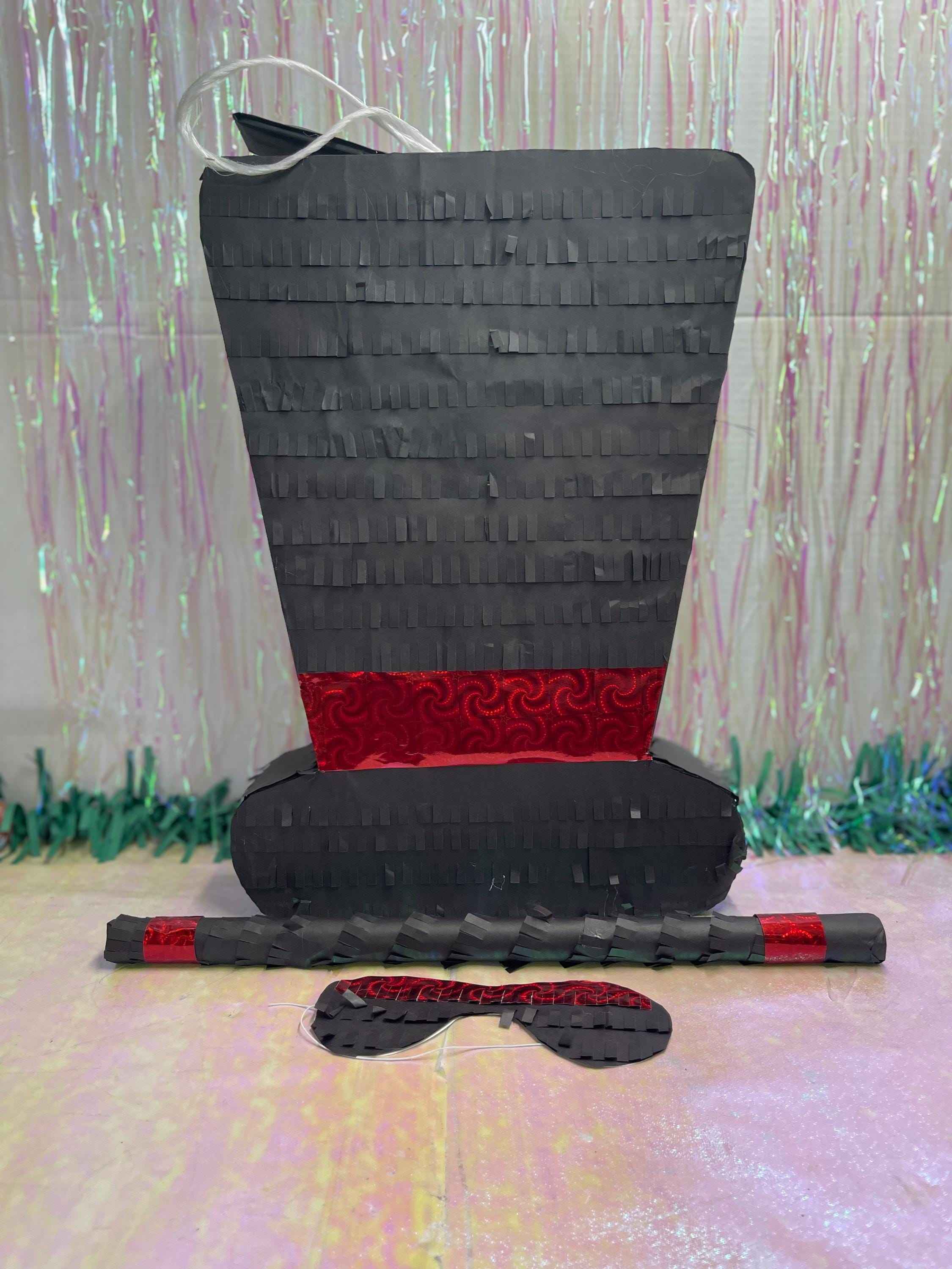 Black Witch Hat Pinata with Stick and Blind Fold, Perfect for Magician Themed Party & Festive Decoration, Handmade Gift for Shamrock Party